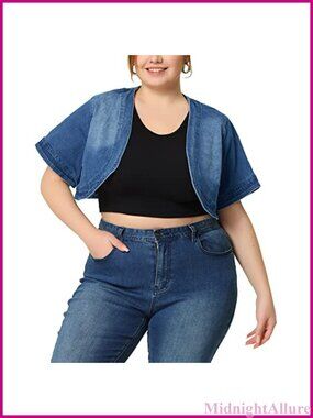 Plus Size Denim Jacket Shrug Short Sleeve Crop Jean Cardigan